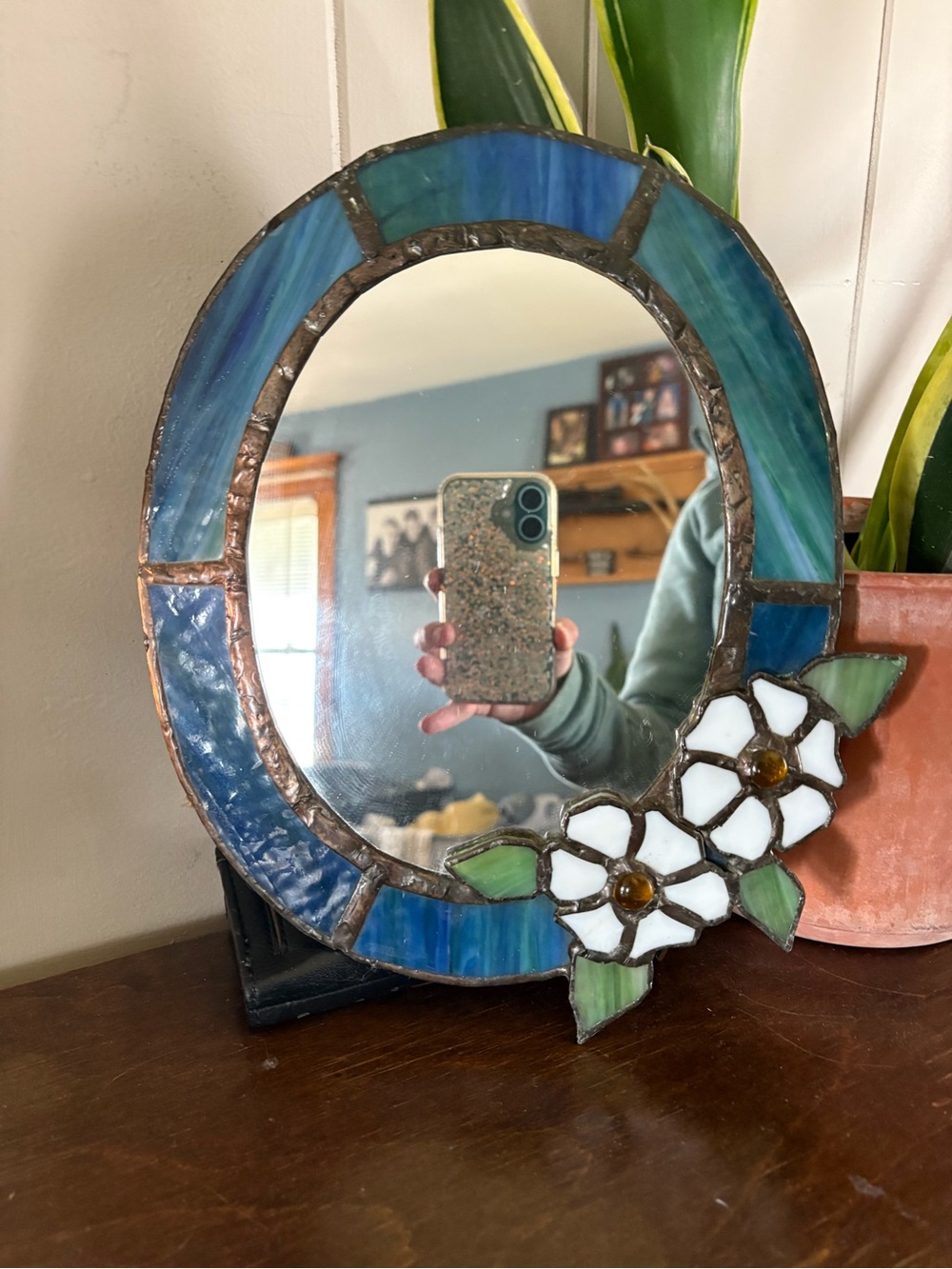 Blue Stained Glass Floral Mirror